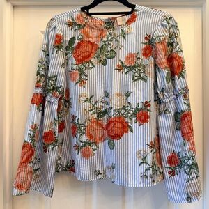 Cupio Blue and White Striped Floral Print Bell Sleeve Blouse - Size M